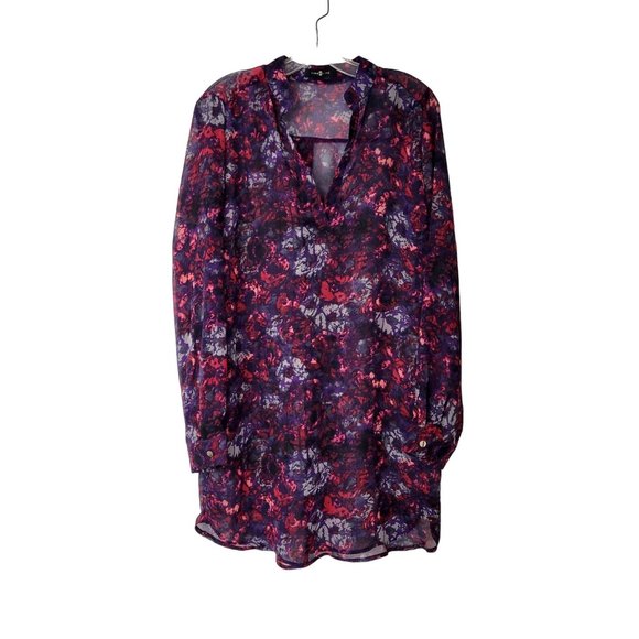 Time Line Tops - Time Line Semi-Sheer Purple and Red Floral Tunic Top